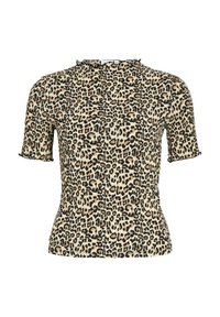 Haut à manches courtes en imprimé léopard avec un col haut, présentant une silhouette ajustée et des bords froncés sur les manches. Fabriqué en tissu doux.