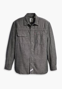 Camicia grigia con bottoni realizzata in tessuto leggero, con due tasche frontali, colletto, maniche lunghe e orlo dritto.