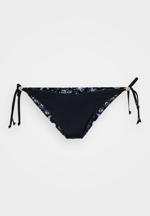 Melna bikini apakša ar regulējamām saitēm, iekšpusē ar ziedu rakstu. Izgatavota no gluda, elastīga auduma ērtībai.