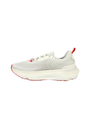 Baskets de sport gris clair avec une tige en mesh, accents rouges, semelle rembourrée et design arrondi. Caractéristiques du système de laçage et d'une sangle de traction.