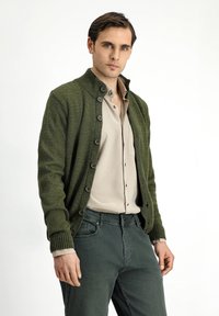 Olive green cardigan with ribbed cuffs and collar, featuring large buttons down the front. Worn over a beige button-up shirt and dark green pants.