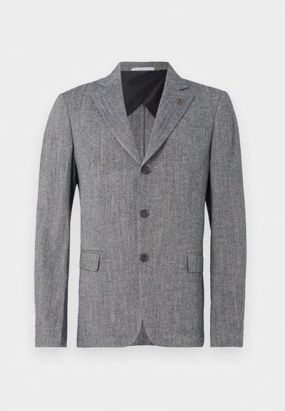 Gray blazer made from textured fabric, featuring a two-button closure, notched lapels, and side pockets. Black inner lining.