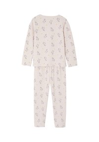 Light pink long-sleeve top and pants with all-over unicorn, rainbow, and star pattern, kids' matching pajama set.
