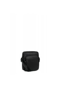 Borsa a tracolla nera in pelle con una finitura testurizzata, dotata di una tasca anteriore con cerniera, tracolla regolabile e forma rettangolare.