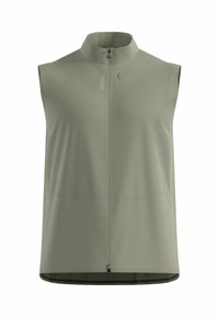 Ärmellose Radweste in hellolivgrün mit hohem Kragen und durchgehendem Reißverschluss. Hergestellt aus glattem, leichtem Material.