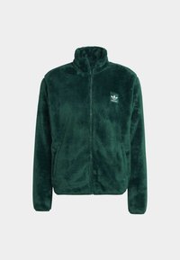 Chaqueta de forro polar verde con cuello alto y cremallera completa en la parte delantera. Presenta un pequeño logo blanco de Adidas en el pecho izquierdo. Textura suave.