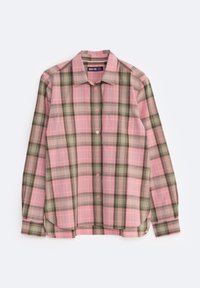 Camicia a maniche lunghe a quadri rosa e verde in cotone, con colletto, chiusura a bottoni e orlo arrotondato con fessure laterali.