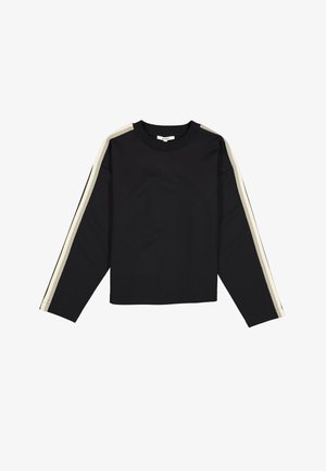 Schwarzes Langarmshirt aus glattem Stoff, versehen mit kontrastierenden cremefarbenen Streifen an den Schultern und Ärmeln sowie einem gerippten Halsauschnitt.