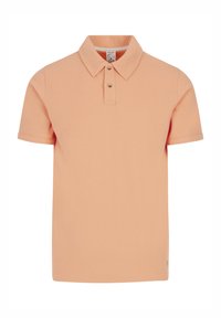 Korte mouwen polo shirt in zacht perzik katoen, met een omgeslagen kraag, drie knoopsluitingen en een subtiele textuur.