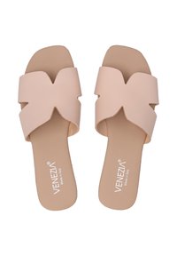 Lyserøde læderslide-sandaler med åben tå, der har et krydsrem-design. Sålen er beige med et brandlogo. Flad sål.