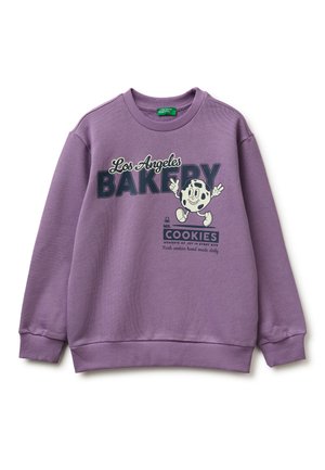 Fioletowa bluza z napisem „Los Angeles Bakery” oraz uśmiechniętą postacią ciasteczka z kreskówki, ściągacze na rękawach i u dołu, okrągły dekolt.