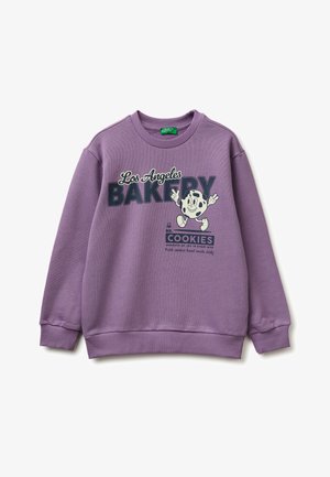 Felpa viola con scritta "Los Angeles Bakery" e personaggio cartone animato di un biscotto sorridente, polsini e orlo a coste, collo rotondo.