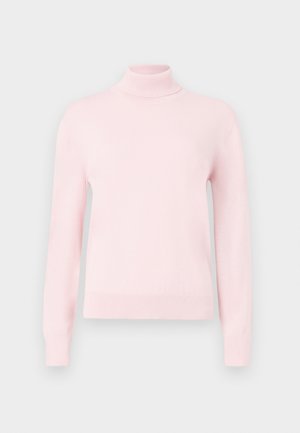 Svetra dolgega rokava v svetlo rožnati barvi z visokim ovratnikom, žabicami in robom, prikazanega na enobarvni beli ozadju.