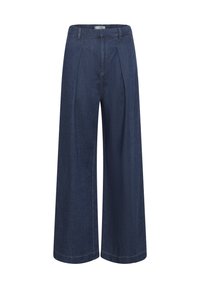 Magasderekú, sötétkék, bőszárú farmernadrág övbújtatókkal, elején pliszírozott, és rejtett sliccel ellátva.