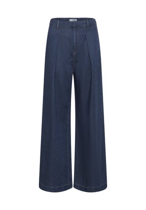 High-waisted dark blue wide-leg denim pants with belt loops, front pleats, and a concealed fly closure.
