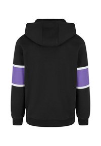 Black hoodie with a drawstring hood, featuring purple and white stripes on the sleeves. Soft texture, standard fit, no front design.