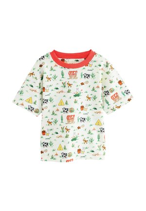 Short-sleeve, crew-neck t-shirt in light green with colorful animal and desert-themed prints; features a red ribbed neckline.