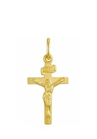 Ciondolo crocifisso in oro con una rappresentazione dettagliata di Cristo sulla croce, con "INRI" inciso in cima. Texture liscia e lucida.