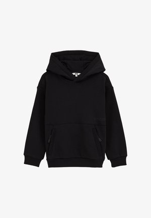 Felpa nera con cappuccio realizzata in materiale morbido da sweatshirt, con cappuccio ampio, due tasche frontali con cerniera e polsini e orlo a costine.