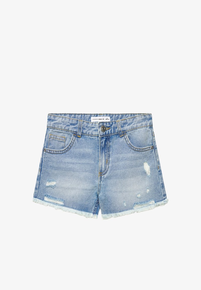 Shorts in denim azzurro chiaro con orli sfrangiati, strappi consumati, tasche anteriori e chiusura con bottone in metallo.