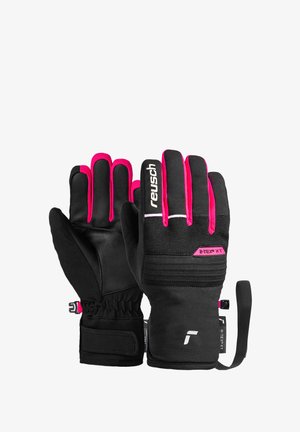 Zwarte handschoenen met roze accenten, voorzien van een getextureerde grip, elastische manchetten en een verstelbare band. Ontworpen voor koud weer en buitenactiviteiten.