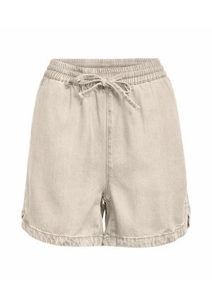 Beige Freizeithosen mit elastischem Bund und Kordelzug, locker sitzend und leicht aufgerollten Säumen.