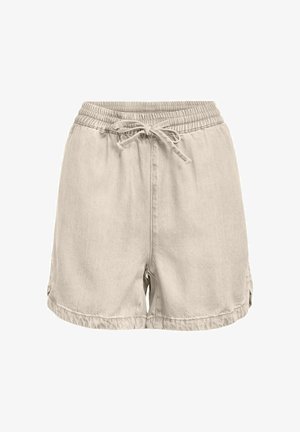 Beige afslappede shorts med elastisk linning og bindebånd, løs pasform og let oprullede kanter.