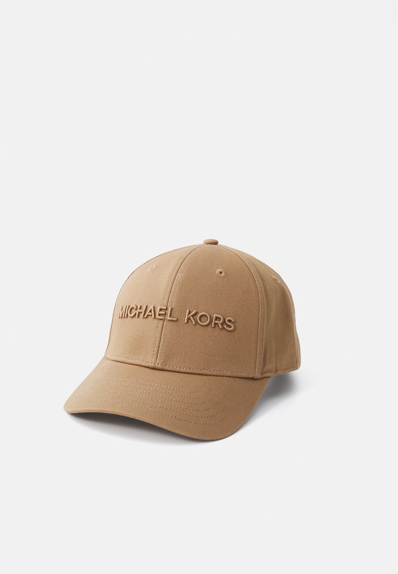 Khaki baseball cap made of fabric with a textured surface. Features an embroidered "MICHAEL KORS" logo on the front. Curved brim.