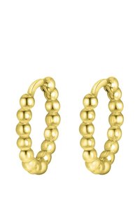 Boucles d'oreilles en or en forme de créoles avec un design en perles et une texture lisse et polie. Les créoles sont circulaires et de taille moyenne, avec une fermeture sécurisée.