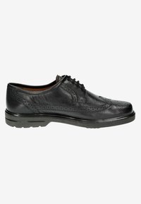 Zwarte leren oxford schoen met een brogue-design, gladde afwerking, ronde neus en een stevige rubberen zool. Veters geïntegreerd in het ontwerp.