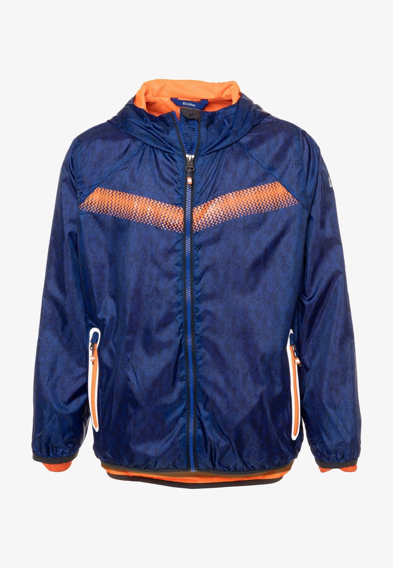 Marineblaue Jacke mit einer orangefarbenen Kapuze und Details. Verfügt über einen strukturierten orangen Streifen und Reißverschlusstaschen. Hergestellt aus einem leichten Material.