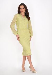 Rochie din dantelă de culoare verde deschis, cu decolteu ondulat și sleevuri lungi, având închidere cu butoni și o siluetă ajustată, asortată cu tocuri metalice.