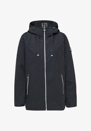 Veste noire à capuche avec poches zippées avant et latérales, cordons de serrage réglables, et étiquette "STREET ONE" sur la manche et à l'intérieur du col.