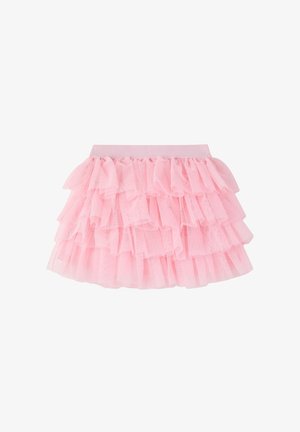 Gonna in tulle rosa con più strati arricciati, una cintura liscia e un aspetto testurizzato. Ideale per outfit giocosi.