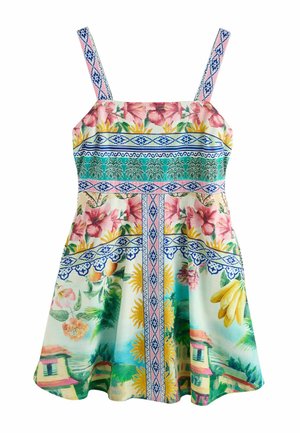 Bepidė vasarinė suknelė su rožinės ir mėlynos spalvų raštuotomis petnešėlėmis, gėlių ir tropinių vaisių piešiniais, saulės ir namų motyvais šviesiame fone.
