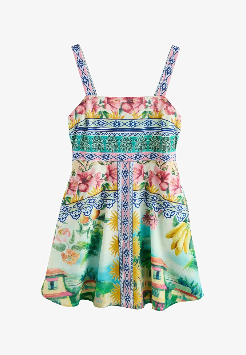 Robe d'été sans manches avec bretelles à motifs roses et bleus, imprimé floral et fruits tropicaux, ainsi que motifs de soleil et de maison sur un fond clair.