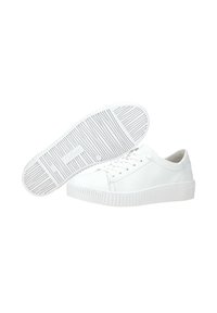 Witte synthetische sneakers met een gestructureerde rubberen zool, ronde neus en vetersluiting. Het heeft een gladde afwerking zonder zichtbare patronen of accenten.