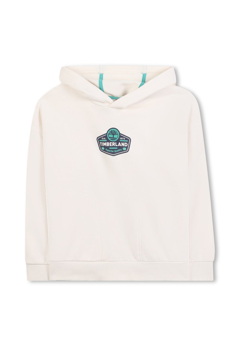 Felpa bianca con cappuccio e dettagli turchesi. Presenta una toppa centrale con il logo Timberland. Tessuto liscio con polsini e orlo a coste.
