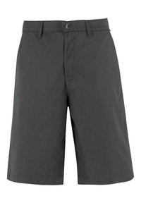 Gray shorts made of smooth fabric, featuring a button closure, flat front, and straight legs. No visible patterns or accents.