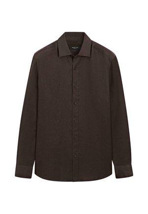 Dunkelbraunes, langärmeliges Hemd mit Knopfleiste, klassischem Kragen und geknöpften Manschetten, flach auf weißem Hintergrund liegend dargestellt.