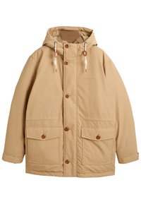 Beżowa kurtka z kapturem wykonana z tkaniny o gładkiej teksturze. Posiada brązowe guziki, dwie przednie kieszenie oraz regulacje w kapturze za pomocą sznurka.