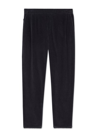 Pantalon en velours côtelé noir avec une ceinture élastique et des poches latérales, présenté à plat sur un fond blanc.