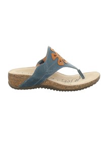 Blue leather thong sandal with brown accents, textured cork footbed, and patterned upper. Features a cushioned insole and durable rubber outsole.