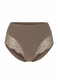 Bruna högmidjade trosor med en slät bomullsfront och intrikata spetssidor med en scallop-edged kant.