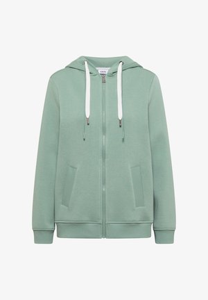 Světlounce zelená mikina na zip s bílými šňůrkami, kapsami vpředu, žebrovanými manžetami a kapucí.