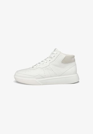 Sneaker alta bianca in pelle con dettagli perforati, finitura liscia e accentuazione beige sul tallone. Suola in gomma.