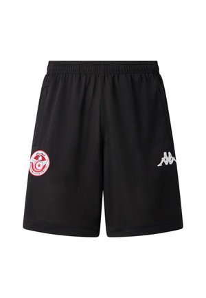 Schwarze athletische Shorts mit elastischem Bund, Logo des tunesischen Fußballverbands am linken Bein und weißem Kappa-Logo am rechten Bein.