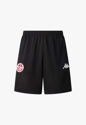 Schwarze athletische Shorts mit elastischem Bund, Logo des tunesischen Fußballverbands am linken Bein und weißem Kappa-Logo am rechten Bein.