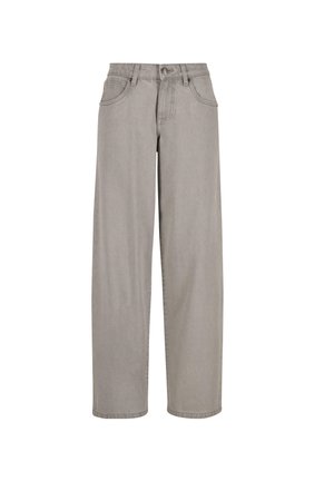 Jeans a gamba larga grigio chiaro realizzati in denim, con chiusura a bottone e zip, cinque tasche e una finitura leggermente testurizzata.