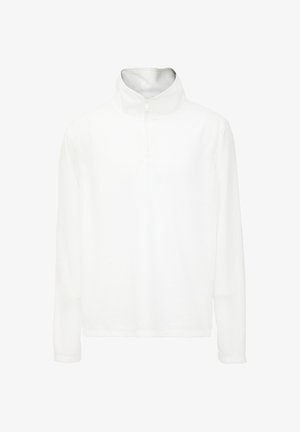 Witte long-sleeve pullover met een kwart-rits hals, gemaakt van zachte stof, met een relaxed fit en minimale naden voor een gladde textuur.
